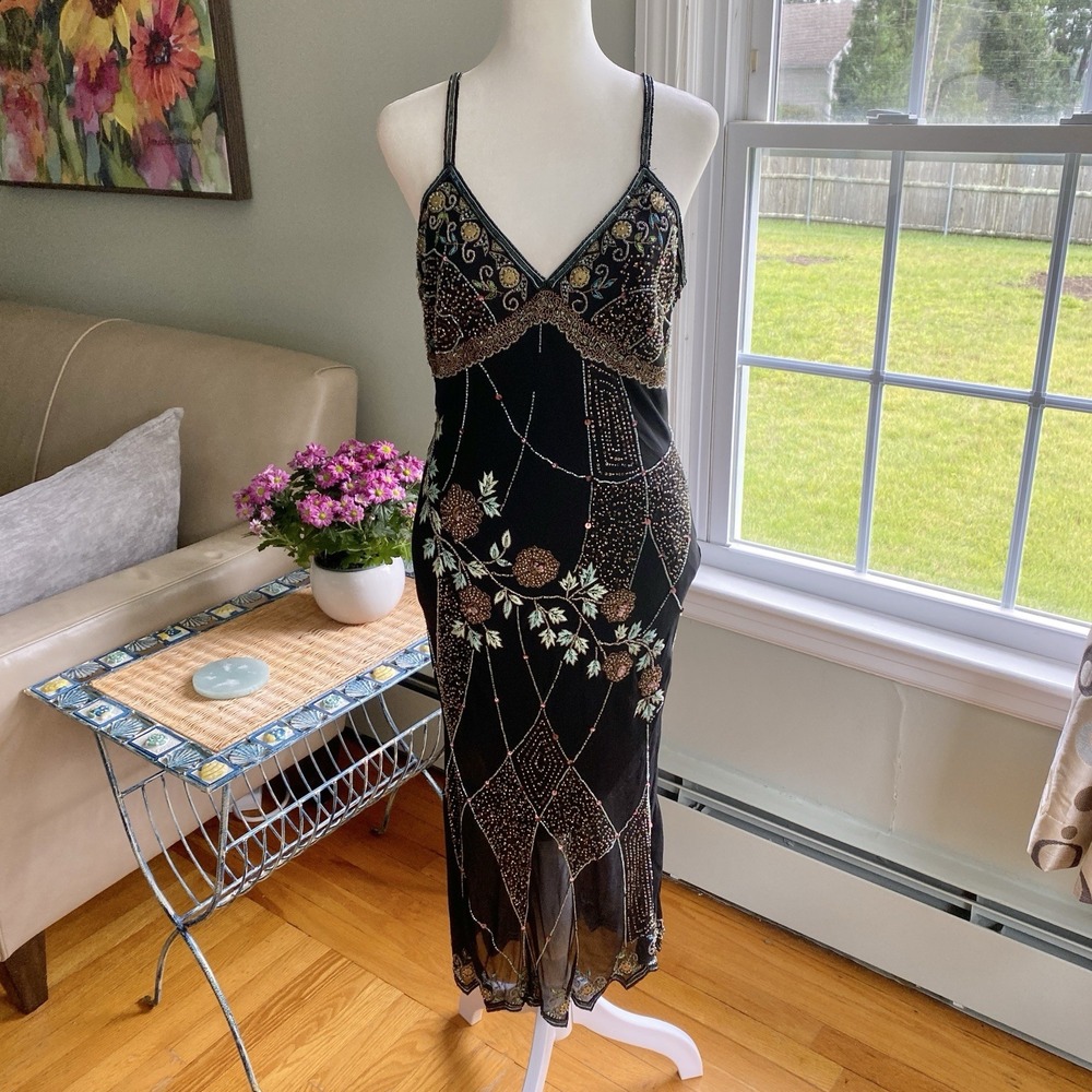 Black Beaded Floral Slip Dress - Elegant Evening Wear